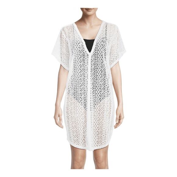 Time and Tru Women White V-Neck Wavy Crochet Drop Short Sleeve Cover Up Size L - Picture 5 of 13